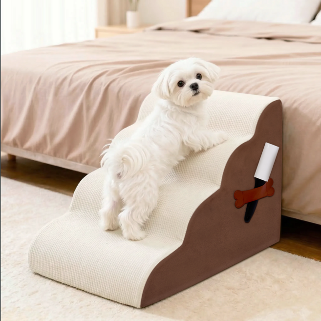 강아지계단 높은 침대용 4단 논슬립 슬개골보호 미끄럼방지 커브 스텝 애견 계단, 1개, 커피브라운