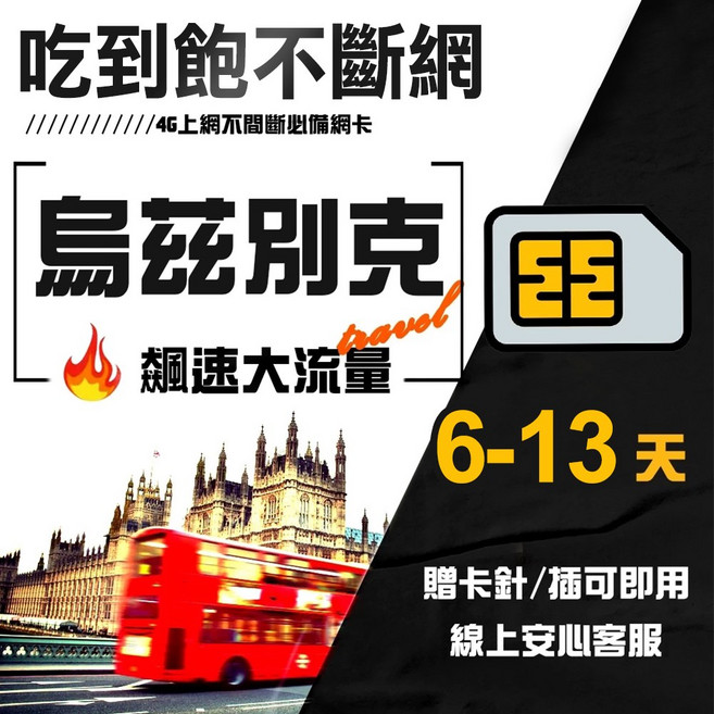 烏茲別克網路卡 | 插卡即用, 1個, 9天, 吃到飽不降速