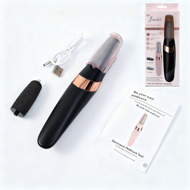 跨境電動磨腳器新款全自動神器美腳小型充電式去老繭死皮搓腳修足, 1個, 黑色【彩盒裝】:配件【磨頭一對/默認黑灰色可選粉色】