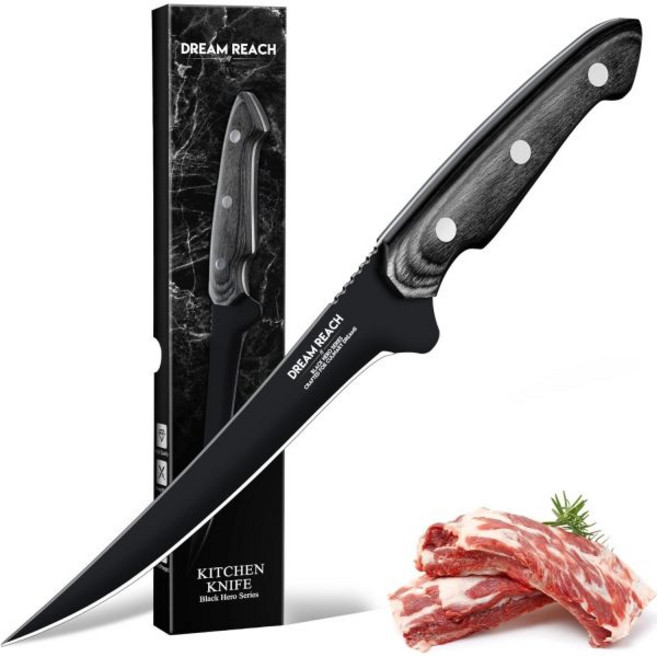 드림 리치 세레이터드 브레드 나이프 - 수제 전통 방식의 풀 탱 블랙 사워도우 나이프로 바게트 샌드위치 베이글 케이크 과일 자르기용, 필레 칼