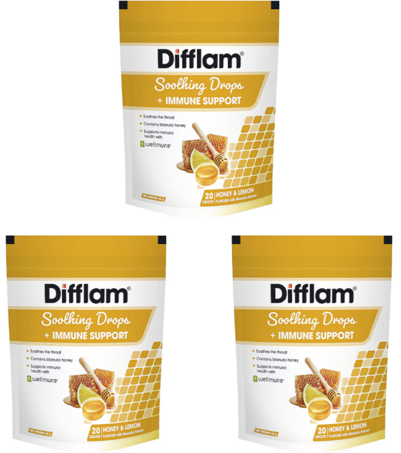 호주 디플램 수딩 목캔디 허니 레몬 Difflam Soothing Drops Immune Support Honey & Lemon, 3개, 44g