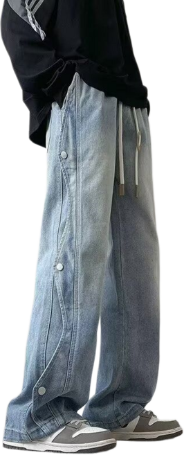 Makone 남성 하이웨이스트 청바지 스트레이트 패션 카고 빈틴지 와이드 데님 팬츠