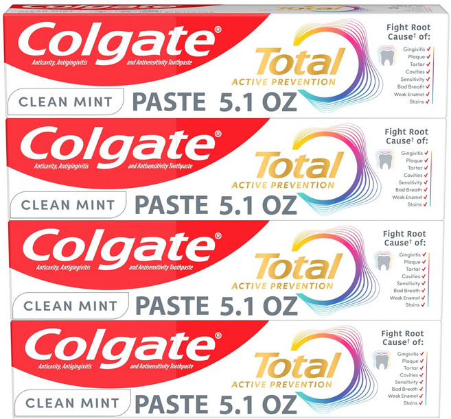 Colgate Total Active Prevention Clean mint 화이트닝 페이스트 치약 불소 함유 24시간 플라크 박테리아 예방 임상 입증, Colgate Total Active Preventio, 4개, 144g
