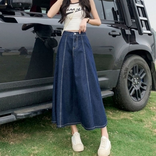 아이엠몽 여성 하이웨스트 플레어 A라인 롱 데님 스커트