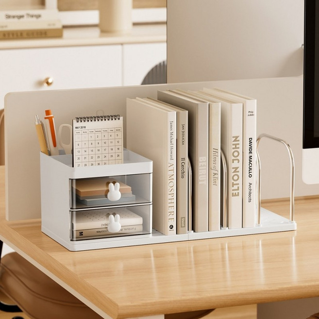 4칸 책꽂이 흰토끼 올인원 연필꽂이 책상 서랍 정리함 데스크 오거나이저, 2단, 화이트