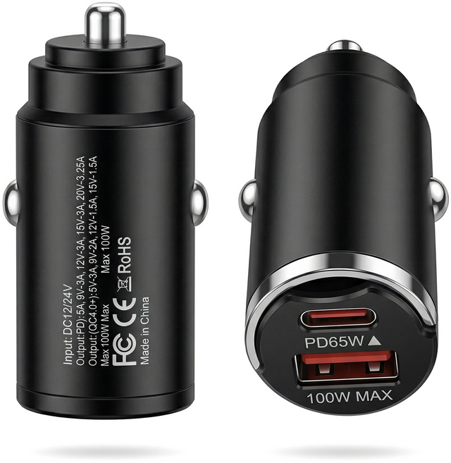 PD65W+100W Max 초고속 충전기 듀얼포트 시거잭 차량용 충전기 미니 메탈 고리 디자인 슈퍼차지 어댑터, 검정색, CC9