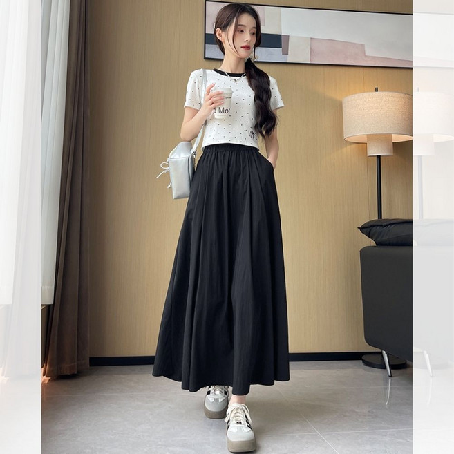 여성 여름 A라인 허리밴딩 하이웨스트 롱스커트 데일리 와이드 롱스커트 시원한 여름 야마모토 롱스커트 여름 롱 나일론 스커트 루즈핏 주름 긴치마