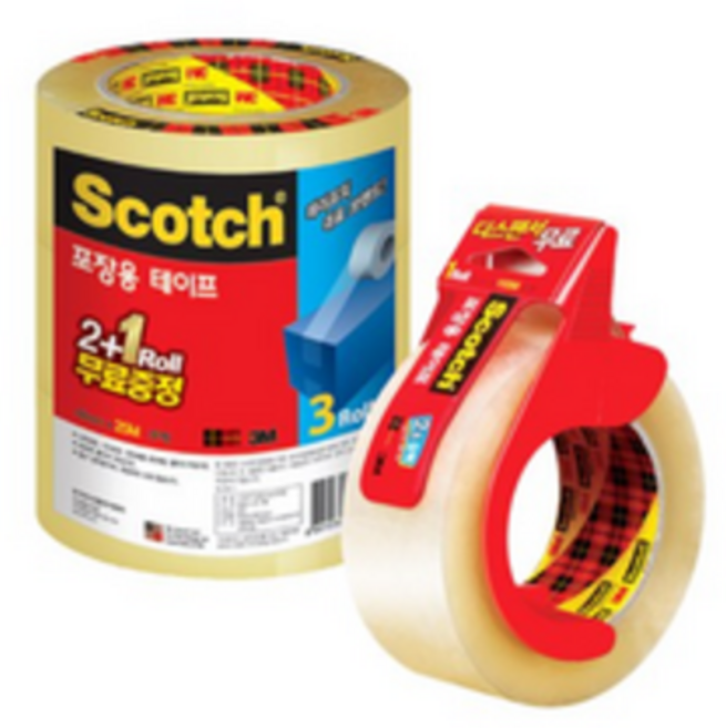 스카치 포장 박스 테이프 48mm x 25m 3625V 2+1 + 48mm x 100m 3615 + 디스펜서, 투명, 1세트