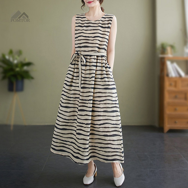 POMTOR 여성 린넨 원피스 민소매 벨트 모시 원피스