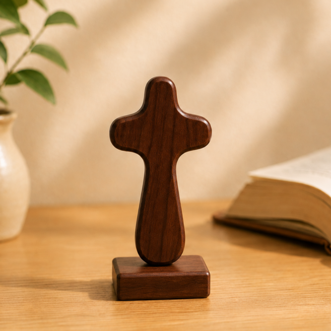 한나의기도 원목 탁상용 십자가 기독교용품 천주교 JESUS 나무 심방, 1개, 딥브라운 우드