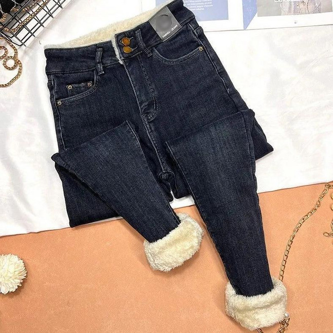 여성 양털 기모 스키니진 남자 날씬해 보는 데님 팬츠 하이웨스트 청바지