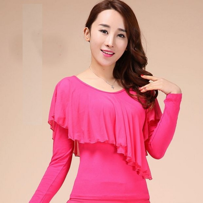 FANSYLI 여성 라틴 댄스복 모달 퍼포먼스 연습복 상의 라운드 블라우스 X2404A5wd01 레드-반팔