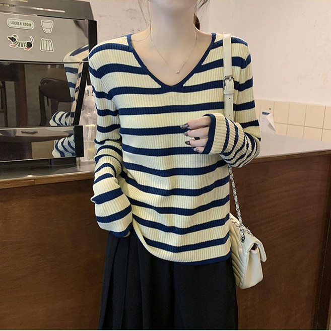 스트라이프 V넥 니트 티셔츠 메그