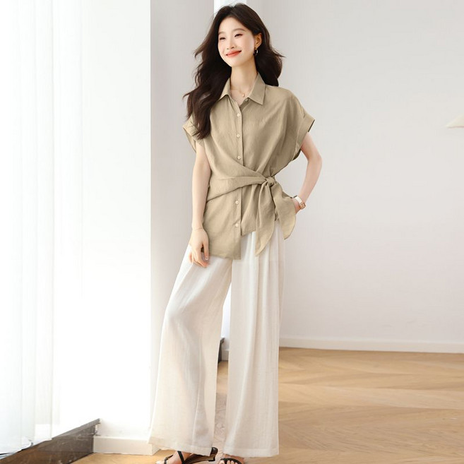 쩐쿠 여성 여름 카라넥 슬림핏 스트랩 블라우스 K0346