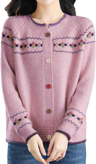 Makone 중년 여성 루즈핏 플라워 자수 빅사이즈 니트 가디건