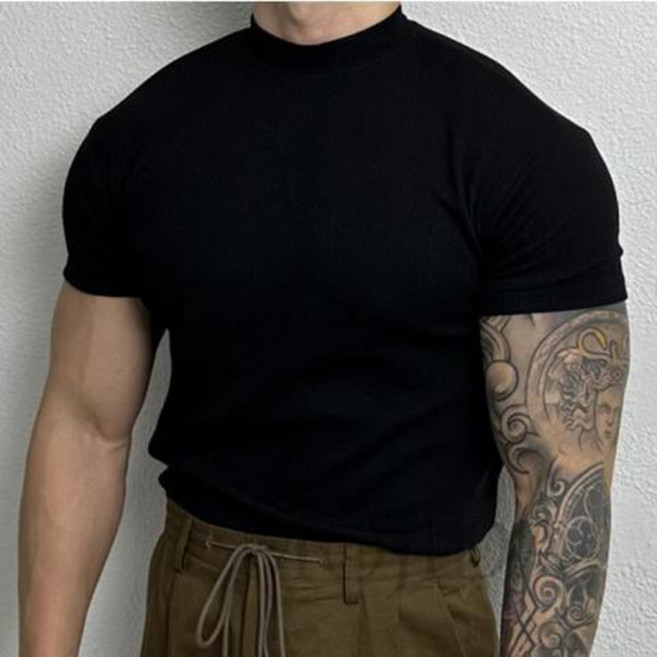 남성용 반폴라 반팔티 봄 여름 솔리드 머슬핏 티셔츠 빅사이즈 남자 쫄티 슬림핏 스판 니트 상의 WMY