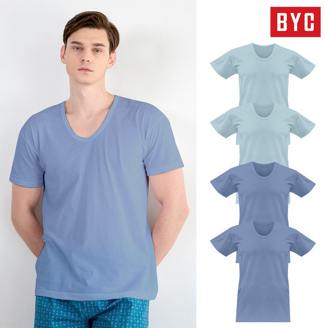 BYC 남성용 유색 컬러 반팔런닝 4매세트 라운드넥 2컬러