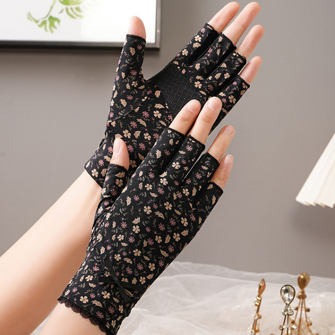 여름 봄 여성 운전 장갑 반장갑 손가락 얇은 미끄럼방지 여자 레이스 망사, 블랙, 1개