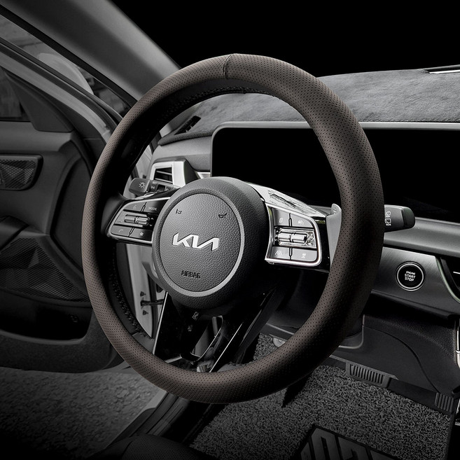 이필드 쉐보레 마티즈 핸들커버 미끄럼방지 공용사이즈, 다크브라운, 2.가죽타공