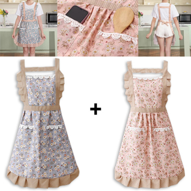 올라이이프지 1+1 예쁜 방수 포켓 플라워 앞치마 이쁜 레이스, 2개, 블루/핑크