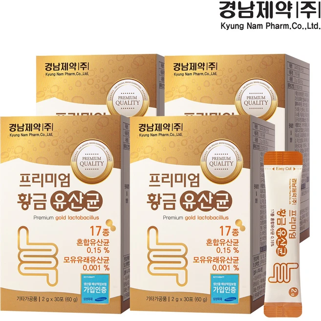 경남제약 프리미엄 황금 유산균 모유유래유산균 프롤린 락토바실러스 17종 혼합유산균 분말 가루 스틱 30포 x 5통, 4개, 2g - 쿠팡
