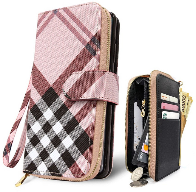 외부지퍼 버킨체크 손목줄 스트랩 지갑형 다이어리 휴대폰케이스