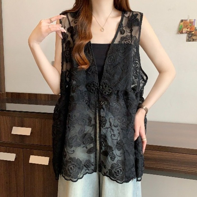 시스루 조끼 빅사이즈 플라워 자수 루즈핏 롱 여성 여름 레이어드 베스트 자켓