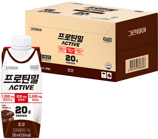 정식품 그린비아 프로틴밀 액티브 초코맛 프로틴음료 고단백질영양설계 아르기닌 저당설계, 18개, 250ml