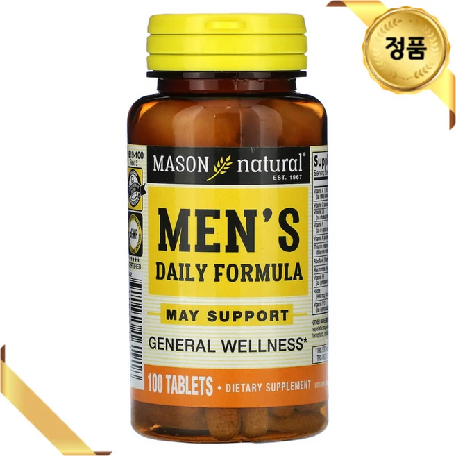Mason Natural 남성용 종합비타민 100정 비타민C 엽산 판토텐산 마그네슘, 1개 - 쿠팡