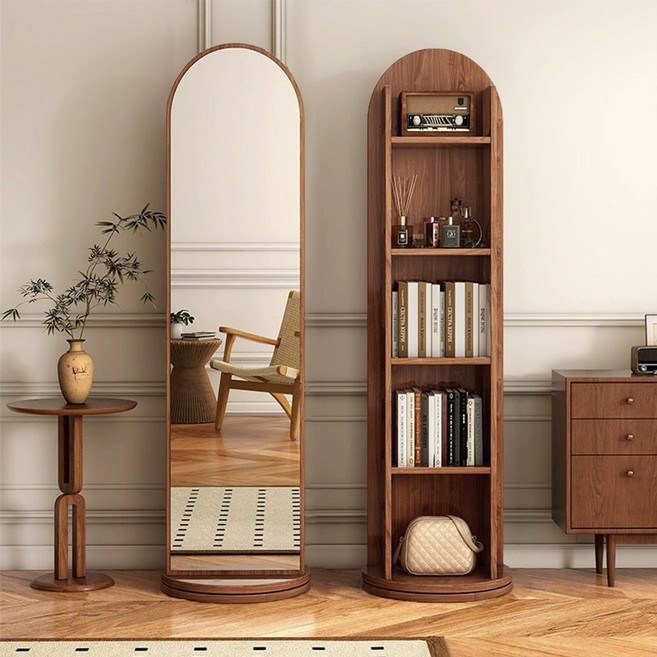 전신거울 360도 회전형 책장수납다용도 선반 화장대, 메이플