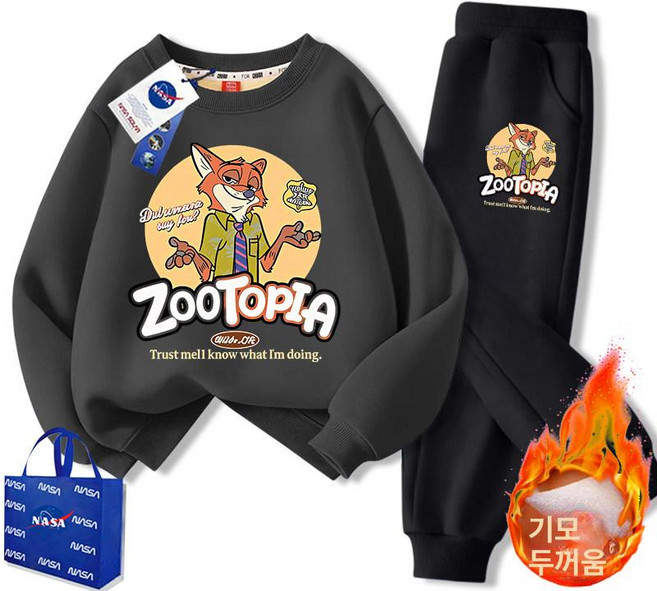 주토피아 맨투맨 티셔츠 주디 추리닝 동물 캐릭터 세트 상하복 기모 바지 겨울, 여우선생 차콜그레이+검정 바지