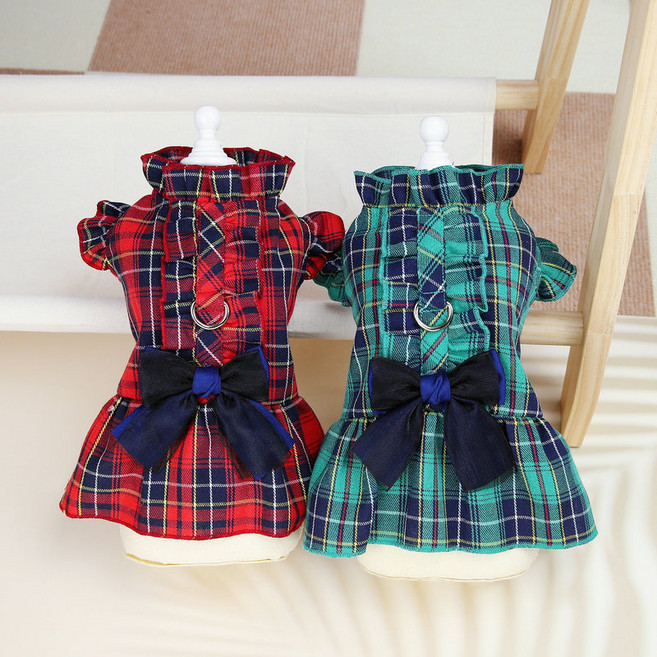 강아지옷 프릴 스커트 애견 봄 여름옷 체크 패션룩, 녹색, 1개