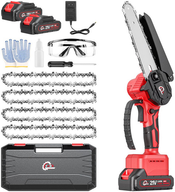 YUON 21V 브러시리스 15.24cm 전기 톱 무선 미니 핸드 헬드 가지 치기 톱 휴대용 목공 전기 톱 절단 도구, 배터리 2개, 1세트