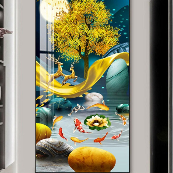 물고기 액자 잉어 A복록 무광 cmx80cm 사슴 집들이 패브릭 블랙 선물 그림 황금 현관, G. 0x0CM 라운드 스톤 풀 다이아몬드 직접 부착