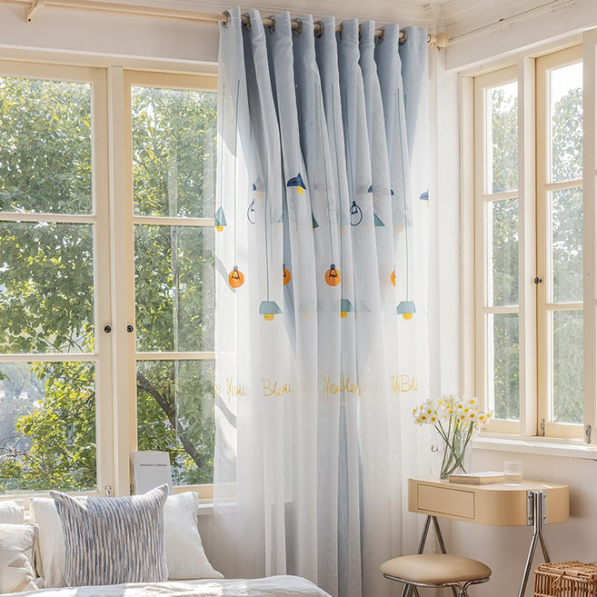 HAROO 아일렛형 거실 이중레이스 자수 안방 아이방 커튼 2P