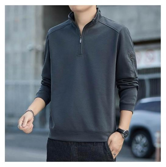 長袖上衣男 運動上衣 T恤 春秋高領立領 內搭秋冬打底衫 素色棉質薄款大學T 休閒寬鬆百搭 登山工作通勤 柔軟大尺碼長袖套頭半拉鏈衛衣