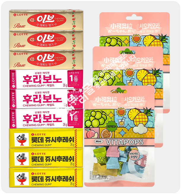 주전부리몰껌모음세트 이브껌+쥬시후레쉬껌+후라보노껌+샤오커오라, 1세트, 279g