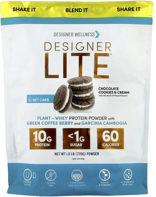 몸관리하세요 겨울입니다 Designer Wellness 설계자 Lite® 식물성 + 유청 단백질 분말 초콜릿 쿠키 & 크림 720g(1.6lb) 특별관리진행, DesignerWellness설계자Lite식물성유청단백, 720g, 1개 - 쿠팡