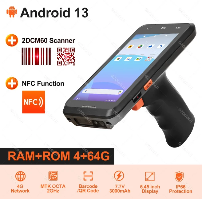 휴대용 그립 산업 PDA 터미널 4G 안드로이드 13 바코드 스캐너 1D 2D 데이터 수집기 4GB + 64GB WiFi 블루, 04 AU, 1개, 01 2D Scanner Grip NFC