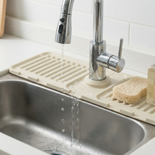 싱크대 세면대 실리콘 수도꼭지 물받이 자동 배수 물막이 거치대 44.5cm, 1개, 베이지