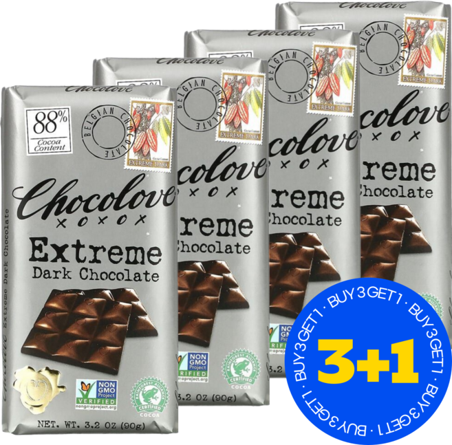 초코러브 다크초콜릿 익스트림 Chocolove Extreme Dark Chocolate 88% Cocoa Content 3.2 oz, 90g, 4개