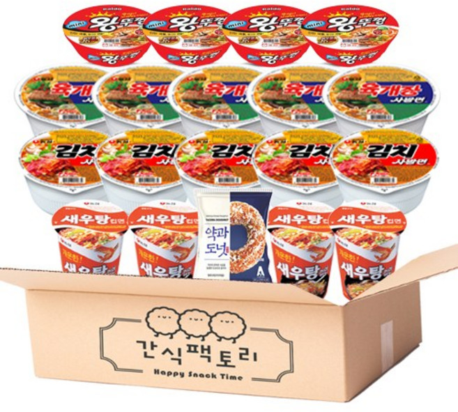 [간식팩토리] 소컵라면 4종18입 (육개장5입+김치5입+미니왕뚜껑4입+새우탕면4입+약과도넛1입), 1세트 18입