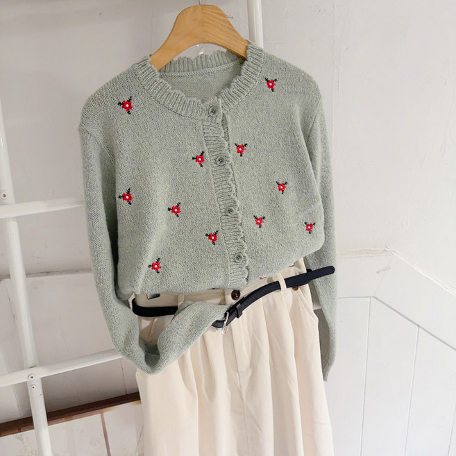 로맨틱 모헤어 플라워 자수 가디건