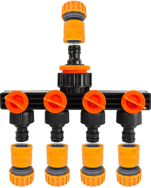 수도 호스연결구 4구 수도분배기(1개) + 원터치 호스 커넥터 19mm(5개), 혼합, 1세트