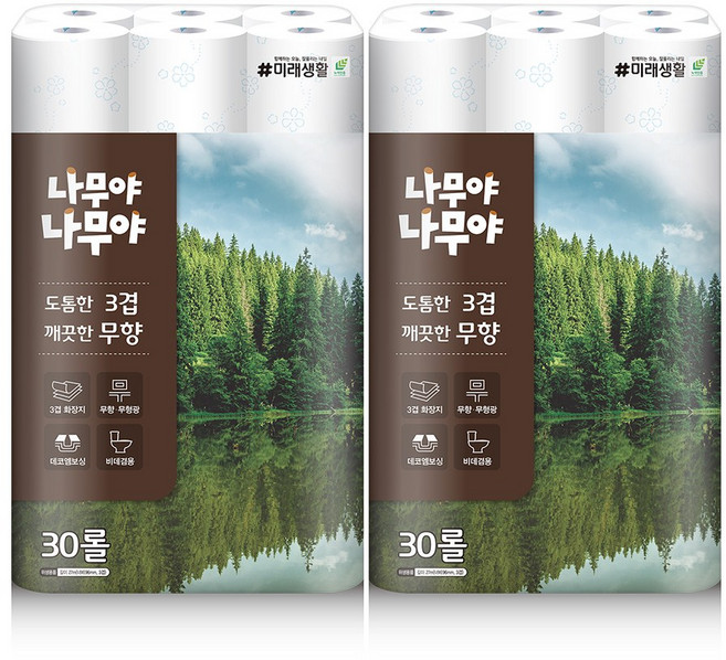 미래생활 나무야나무야 도톰한3겹 깨끗한 무향 27M 30롤 2팩, 2개