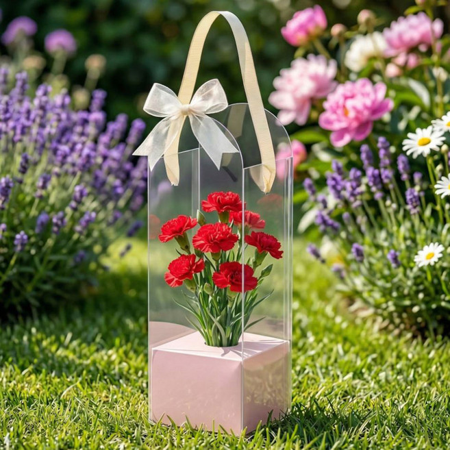 osshop 투명 pvc 꽃다발 박스, 5개, 꽃포장박스 핑크 27cm - 12cm