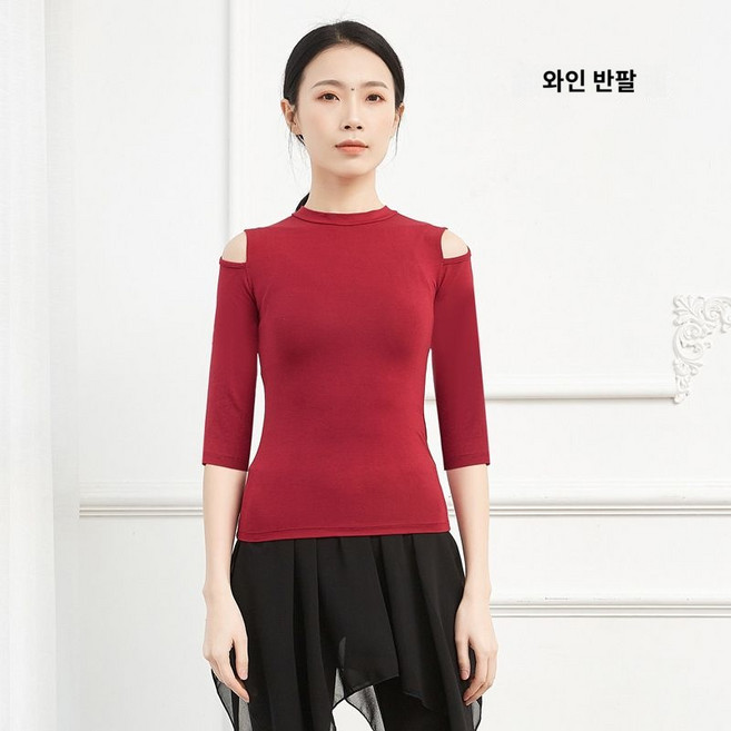 쫀쫀 레이어드 무용 7부 캐주얼 탠스 어깨트임 라운드넥 트레이닝복 코튼 여성 반 목폴라티