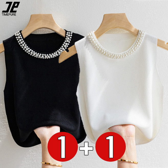 타임퓨어 여성 민소매 니트나시티 1+1 캐주얼 반팔 티셔츠 편안한 반팔티 여름 라운드넥 진주 데일리룩 세트