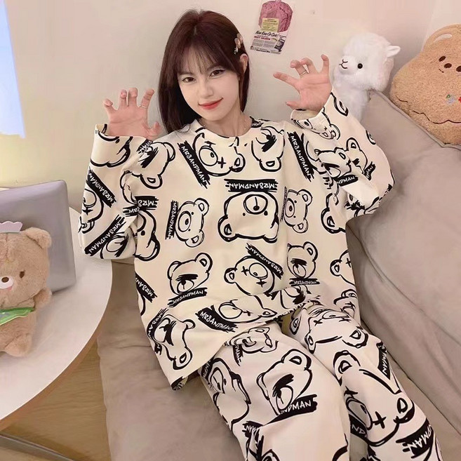 睡衣女春秋款長袖秋冬季M-5XL寬鬆版家居服女加大碼