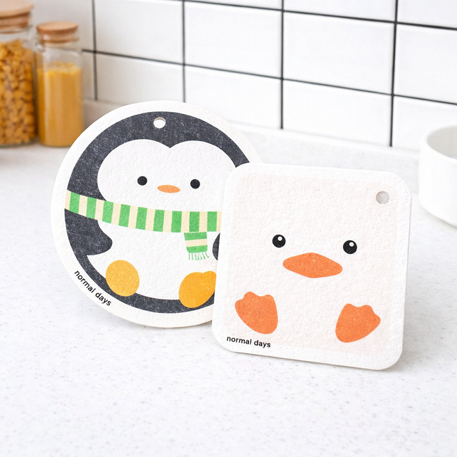 식물성 셀룰로스 착한 수세미 (펭귄 오리 각 1개 구성) 친환경 자연분해 제로웨이스트 천연펄프 감성 캐릭터 어린이집 학원 모임 선물 답례품, 1세트, 2개입